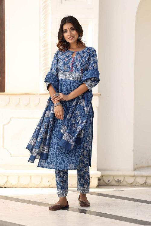 MULMUL YAHVI BLUE BLOCK PRINTED KURTA-PANTS & DUPATTA SET