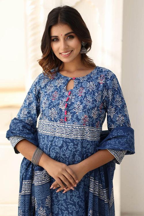 MULMUL YAHVI BLUE BLOCK PRINTED KURTA-PANTS & DUPATTA SET