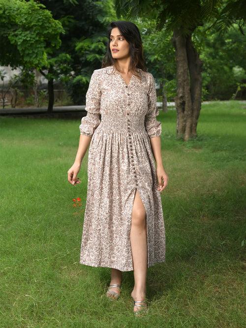 MULMUL PASTEL BROWN BLOSSOM BLOCK PRINTED COMFY DRESS