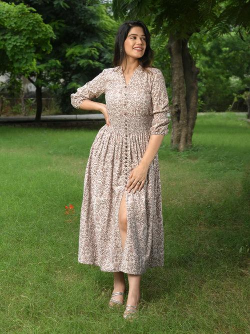 MULMUL PASTEL BROWN BLOSSOM BLOCK PRINTED COMFY DRESS