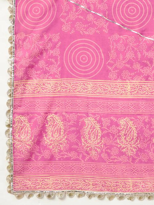 MULMUL DARMIKA PINK BLOCK PRINTED FLARED KURTA-SHARARA & DUPATTA SET