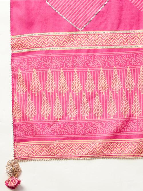 MULMUL BHAIRAVI PINK BLOCK PRINTED PANELED KURTA-PANTS & DUPATTA SET