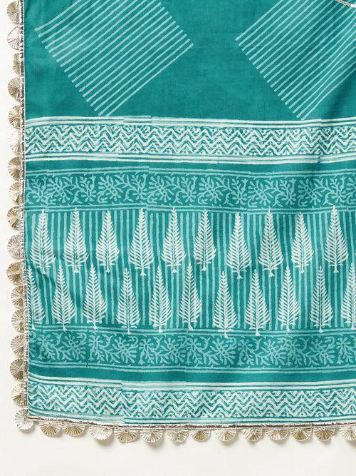 MULMUL VYSHNAVI TEAL BLOCK PRINTED FLARED KURTA-SHARARA & DUPATTA SET