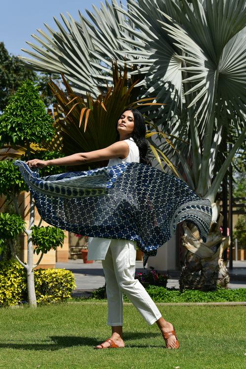 AAHELI BAHIRA INDIGO BLOCK PRINTED DUPATTA