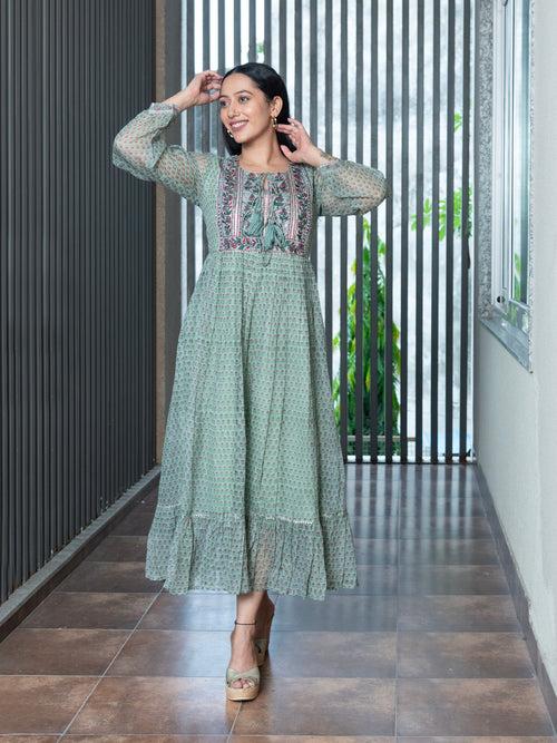 MULMUL AHILA KOTA DORIA BLOCK PRINTED MAXI DRESS