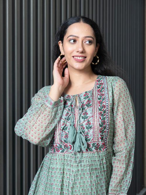 MULMUL AHILA KOTA DORIA BLOCK PRINTED MAXI DRESS