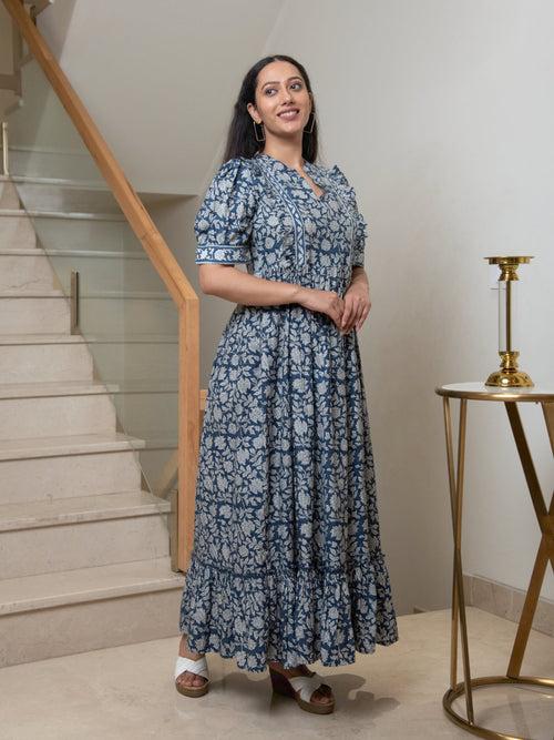 MULMUL NAVY FLORAL JAAL BLOCK PRINTED DRESS