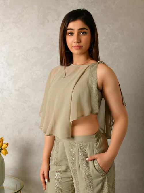 MULMUL DIPTA SAGE GREY SEQUIN GEORGETTE CO-ORD SET