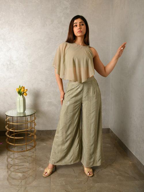 MULMUL DIPTA SAGE GREY SEQUIN GEORGETTE CO-ORD SET