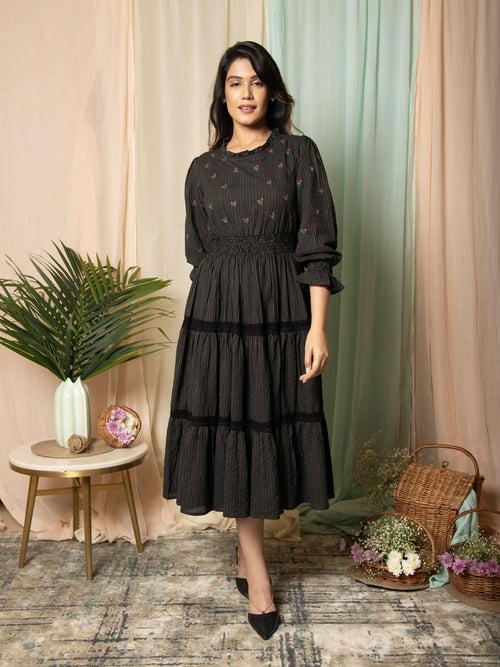 AAHELI RADIANT MEADOWS BLACK COTTON KANTHA TIERED DRESS