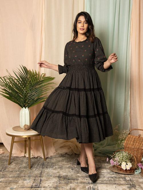 AAHELI RADIANT MEADOWS BLACK COTTON KANTHA TIERED DRESS