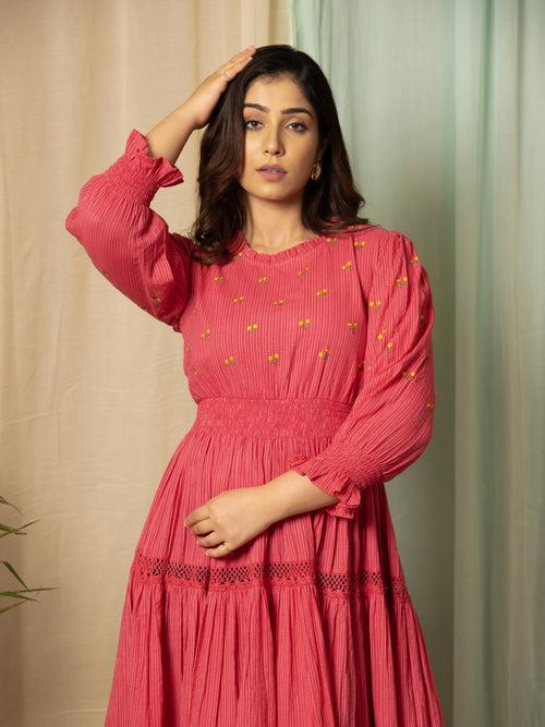 AAHELI RADIANT MEADOWS CERISE PINK COTTON KANTHA TIERED DRESS