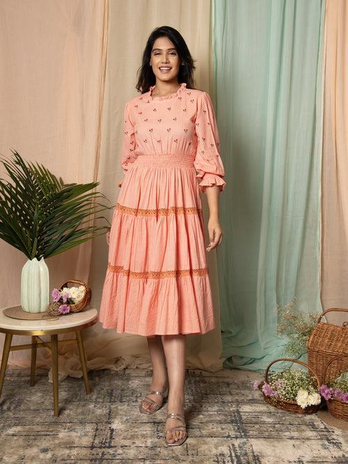 AAHELI RADIANT MEADOWS PEACH COTTON KANTHA TIERED DRESS