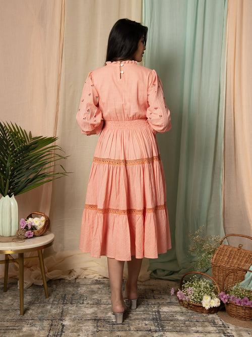 AAHELI RADIANT MEADOWS PEACH COTTON KANTHA TIERED DRESS