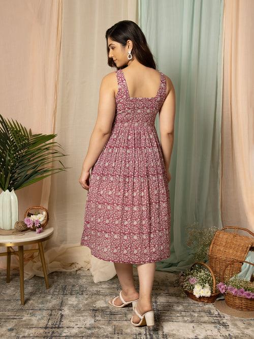 MULMUL NEITY FLORAL JAAL HAND BLOCK PRINTED MIDI DRESS