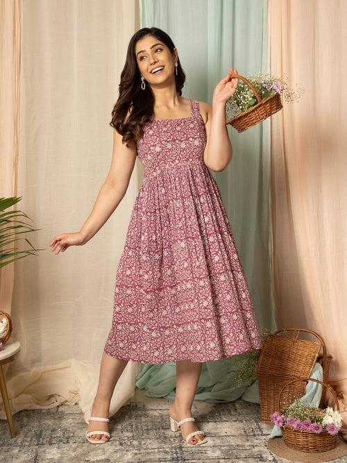 MULMUL NEITY FLORAL JAAL HAND BLOCK PRINTED MIDI DRESS