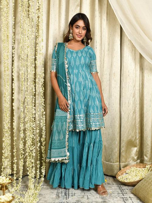 MULMUL VYSHNAVI TEAL BLOCK PRINTED FLARED KURTA-SHARARA & DUPATTA SET