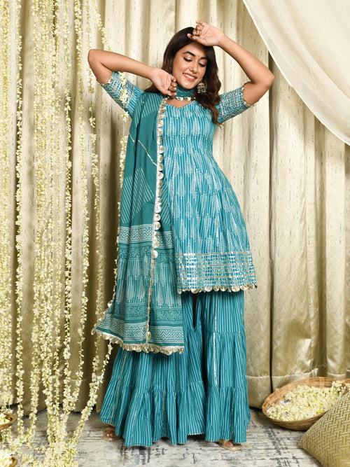 MULMUL VYSHNAVI TEAL BLOCK PRINTED FLARED KURTA-SHARARA & DUPATTA SET