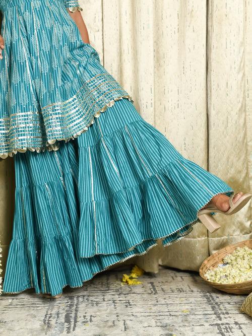 MULMUL VYSHNAVI TEAL BLOCK PRINTED FLARED KURTA-SHARARA & DUPATTA SET