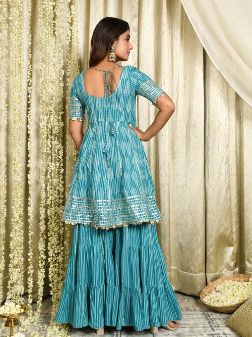 MULMUL VYSHNAVI TEAL BLOCK PRINTED FLARED KURTA-SHARARA & DUPATTA SET