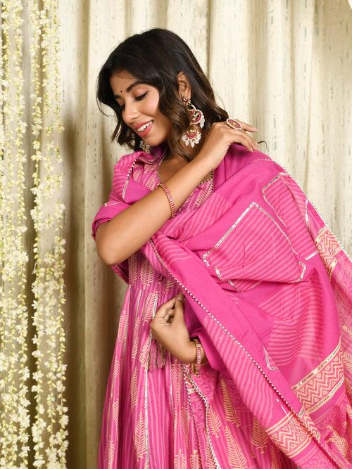 MULMUL BHAIRAVI PINK BLOCK PRINTED PANELED KURTA-PANTS & DUPATTA SET