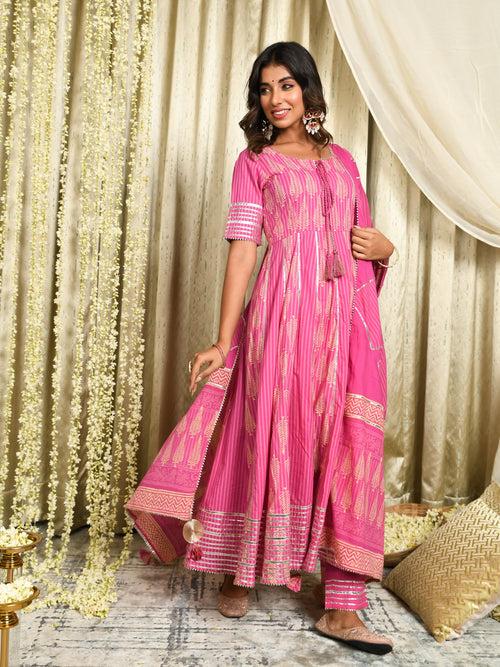 MULMUL BHAIRAVI PINK BLOCK PRINTED PANELED KURTA-PANTS & DUPATTA SET