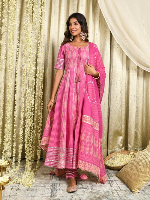 MULMUL BHAIRAVI PINK BLOCK PRINTED PANELED KURTA-PANTS & DUPATTA SET