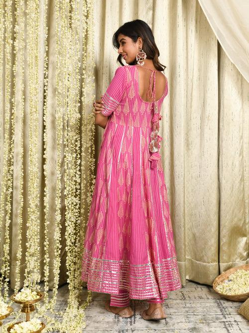 MULMUL BHAIRAVI PINK BLOCK PRINTED PANELED KURTA-PANTS & DUPATTA SET