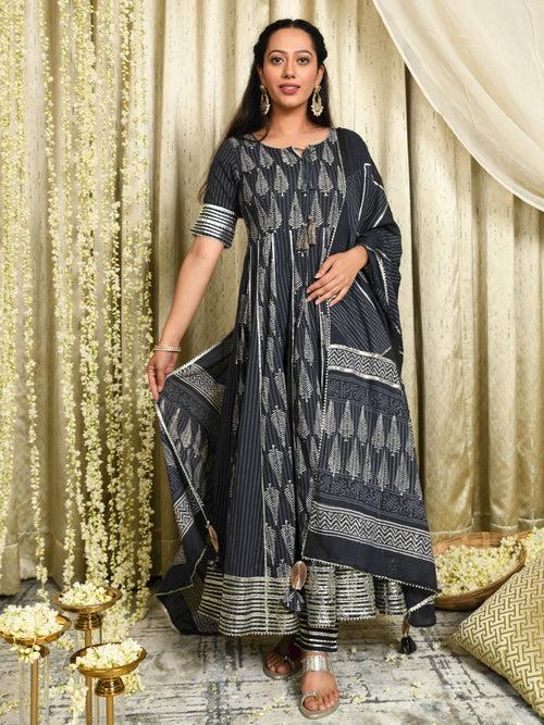 MULMUL AABHA GREY BLOCK PRINTED PANELED KURTA-PANTS & DUPATTA SET