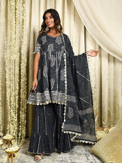 MULMUL AADHRITI GREY BLOCK PRINTED FLARED KURTA-SHARARA & DUPATTA SET