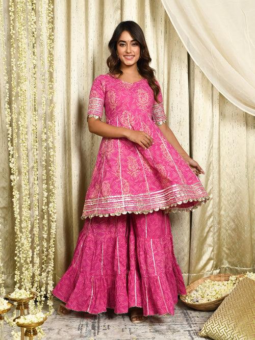 MULMUL DARMIKA PINK BLOCK PRINTED FLARED KURTA-SHARARA & DUPATTA SET