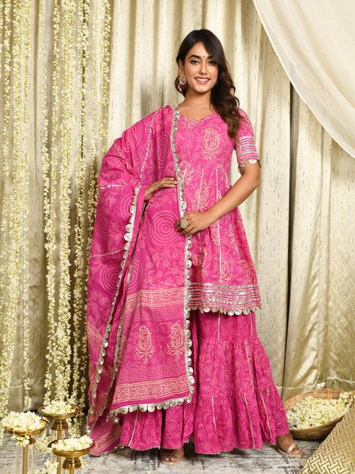 MULMUL DARMIKA PINK BLOCK PRINTED FLARED KURTA-SHARARA & DUPATTA SET