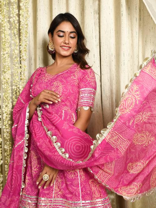 MULMUL DARMIKA PINK BLOCK PRINTED FLARED KURTA-SHARARA & DUPATTA SET