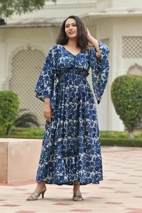 AAHELI FLORAL NAVY-BLUE PRINTED FLARED DRESS