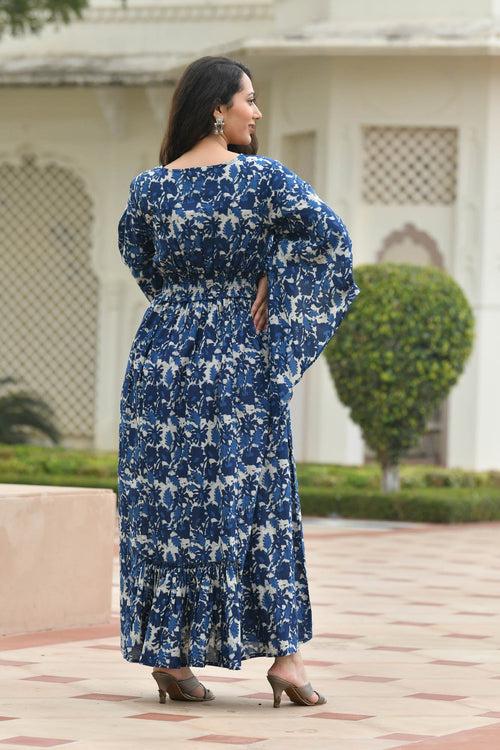 AAHELI FLORAL NAVY-BLUE PRINTED FLARED DRESS