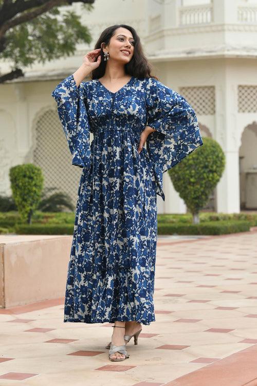 AAHELI FLORAL NAVY-BLUE PRINTED FLARED DRESS