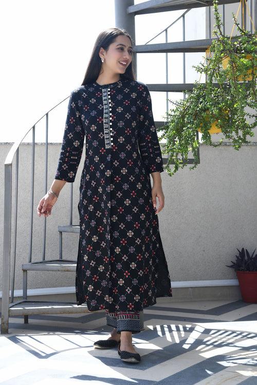 AAHELI BLACK PRINTED HANDWORK KURTA WITH PANT SET