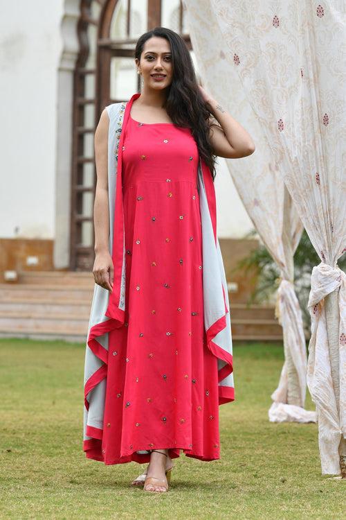 AAHELI RASPBERRY-GREY EMBROIDERED DRESS WITH SHRUG