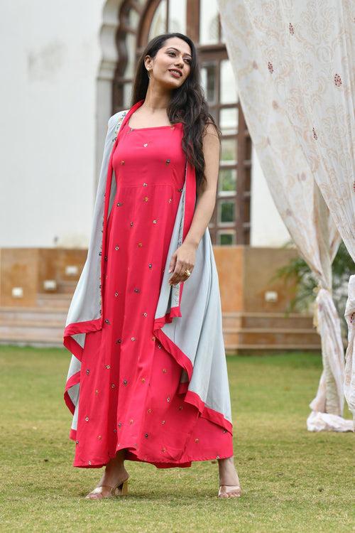 AAHELI RASPBERRY-GREY EMBROIDERED DRESS WITH SHRUG