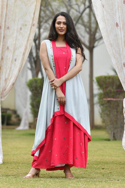 AAHELI RASPBERRY-GREY EMBROIDERED DRESS WITH SHRUG