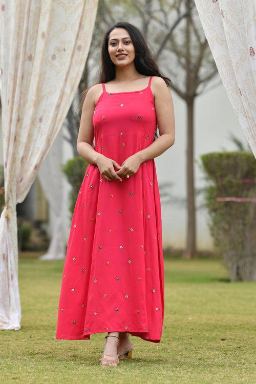 AAHELI RASPBERRY-GREY EMBROIDERED DRESS WITH SHRUG