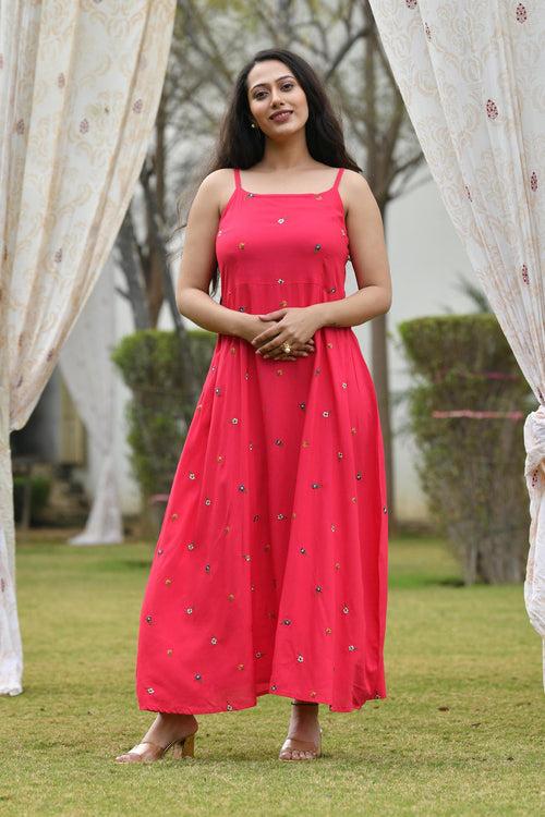 AAHELI RASPBERRY-GREY EMBROIDERED DRESS WITH SHRUG