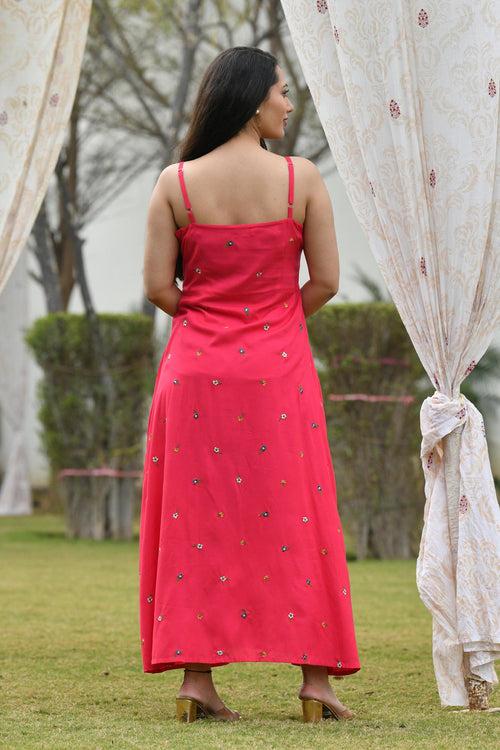 AAHELI RASPBERRY-GREY EMBROIDERED DRESS WITH SHRUG