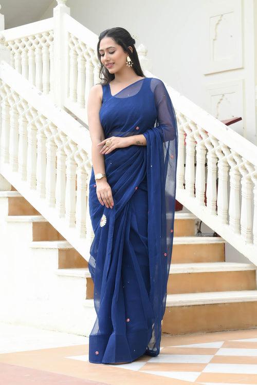 MULMUL AABROO BLUE PITTAN WORK CHIFFON SAREE