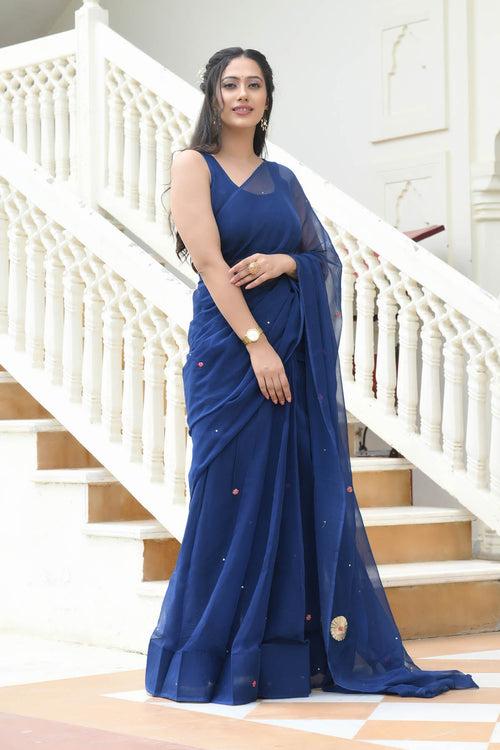 MULMUL AABROO BLUE PITTAN WORK CHIFFON SAREE