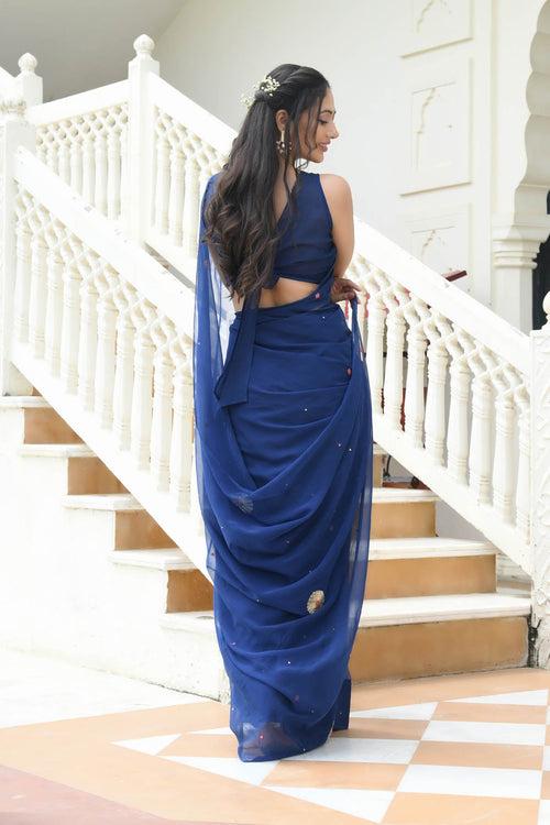 MULMUL AABROO BLUE PITTAN WORK CHIFFON SAREE