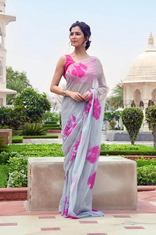 MULMUL ARISHA GREY-FUCHSIA BANDHANI CHIFFON SAREE