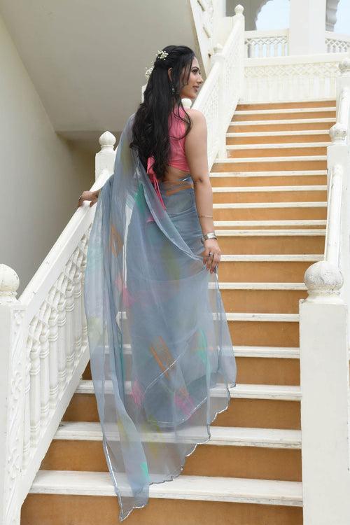 MULMUL SHARINA BRUSH-STROKED CHIFFON SAREE