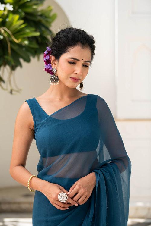 MULMUL BLUE-STAR CHIFFON SAREE