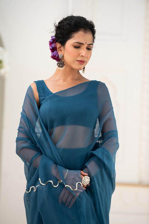 MULMUL BLUE-STAR CHIFFON SAREE